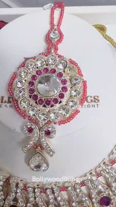 Royal Pink & Silver Stone-Studded Necklace Set