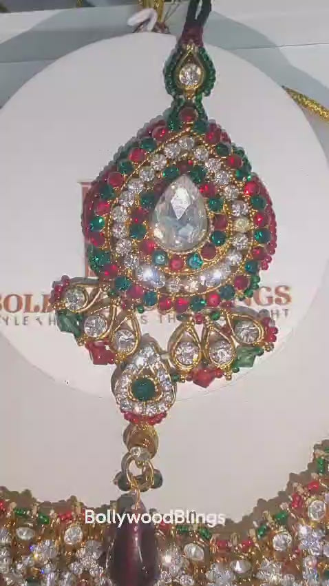 Red & Green Stone-Studded Necklace Set