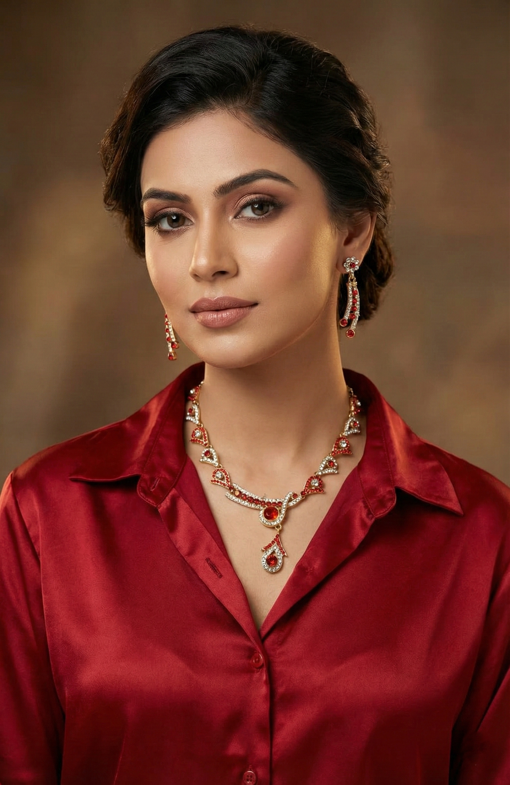 Elegant Red & Clear Stone Necklace Set with Earrings – Gold-Tone Finish