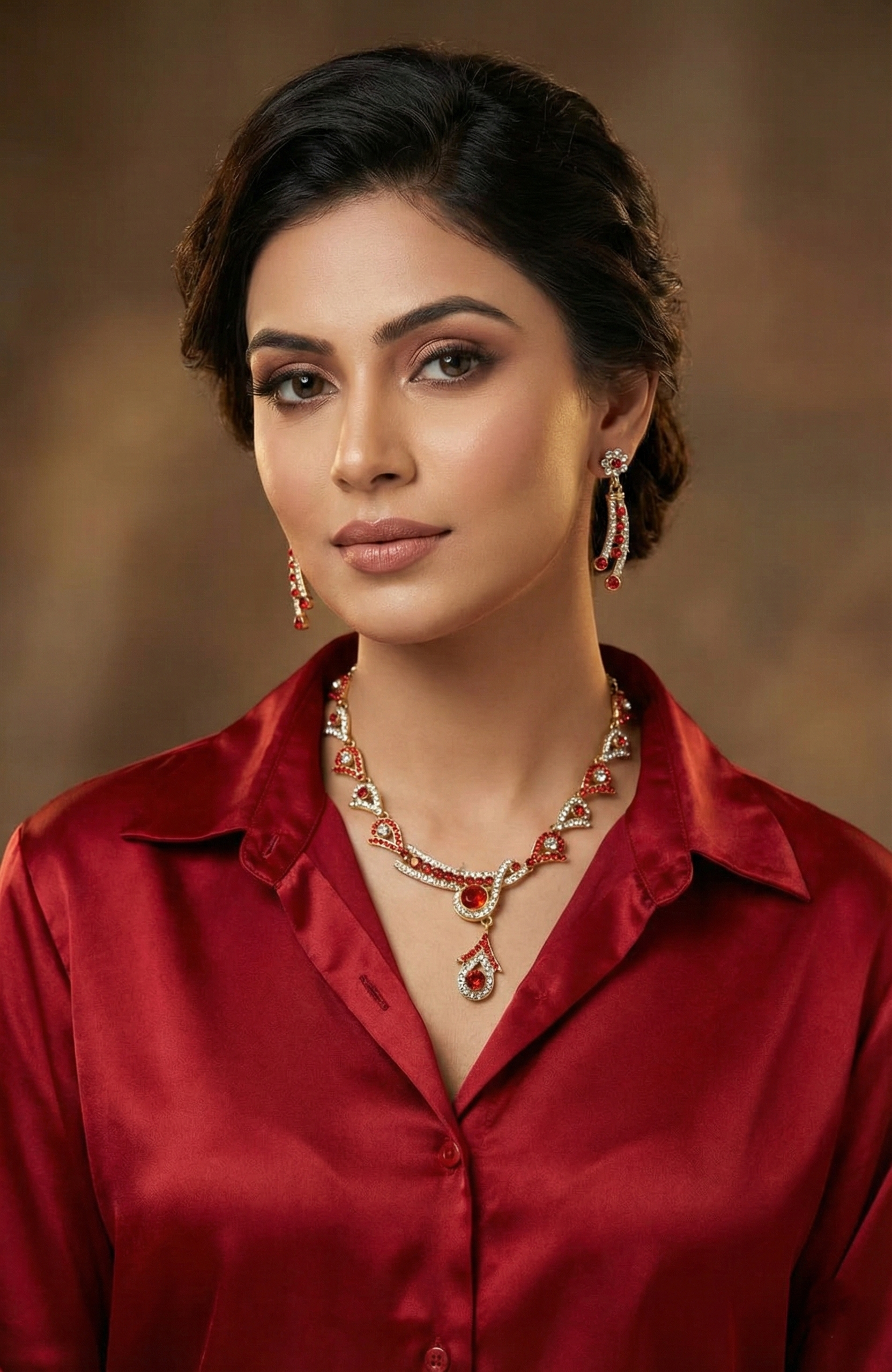Elegant Red & Clear Stone Necklace Set with Earrings – Gold-Tone Finish