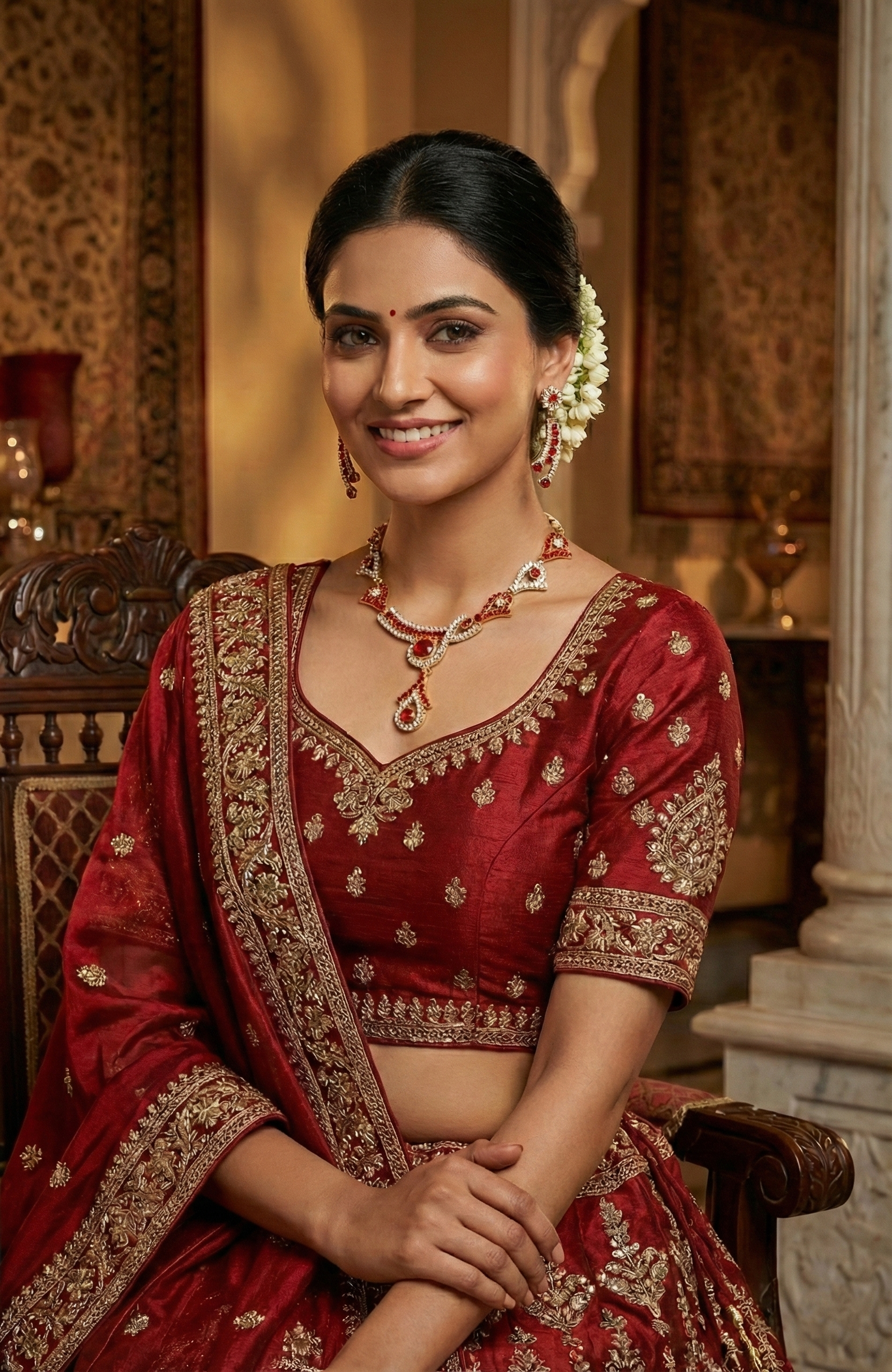 Elegant Red & Clear Stone Necklace Set with Earrings – Gold-Tone Finish