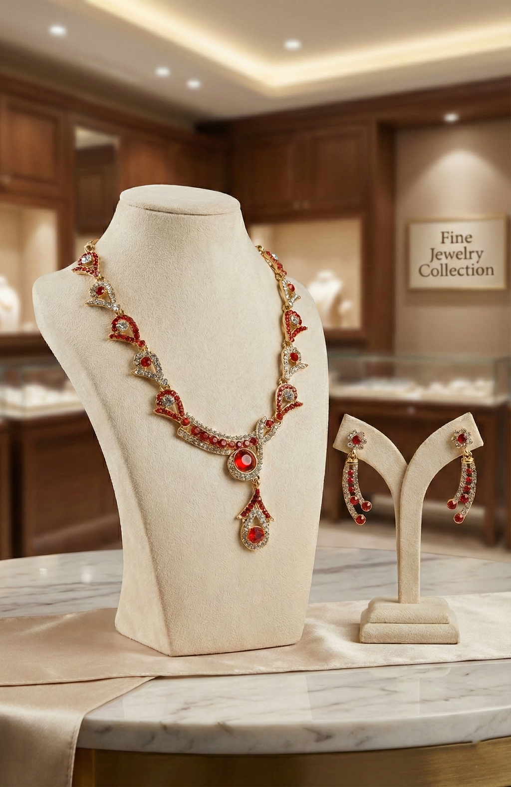 Elegant Red & Clear Stone Necklace Set with Earrings – Gold-Tone Finish